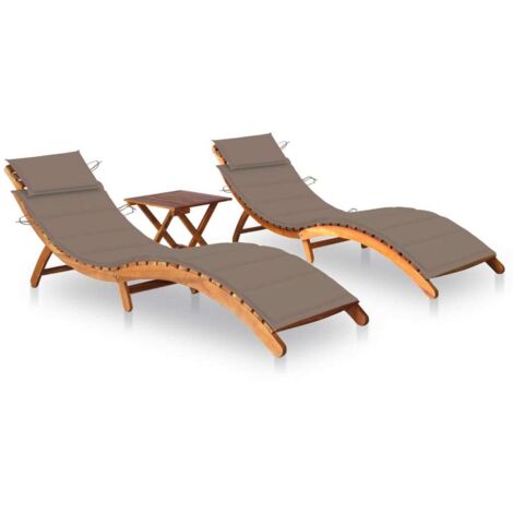 Lot de 2 transats chaise longue bain de soleil lit de jardin terrasse meuble d'extérieur avec table et coussins acacia solide