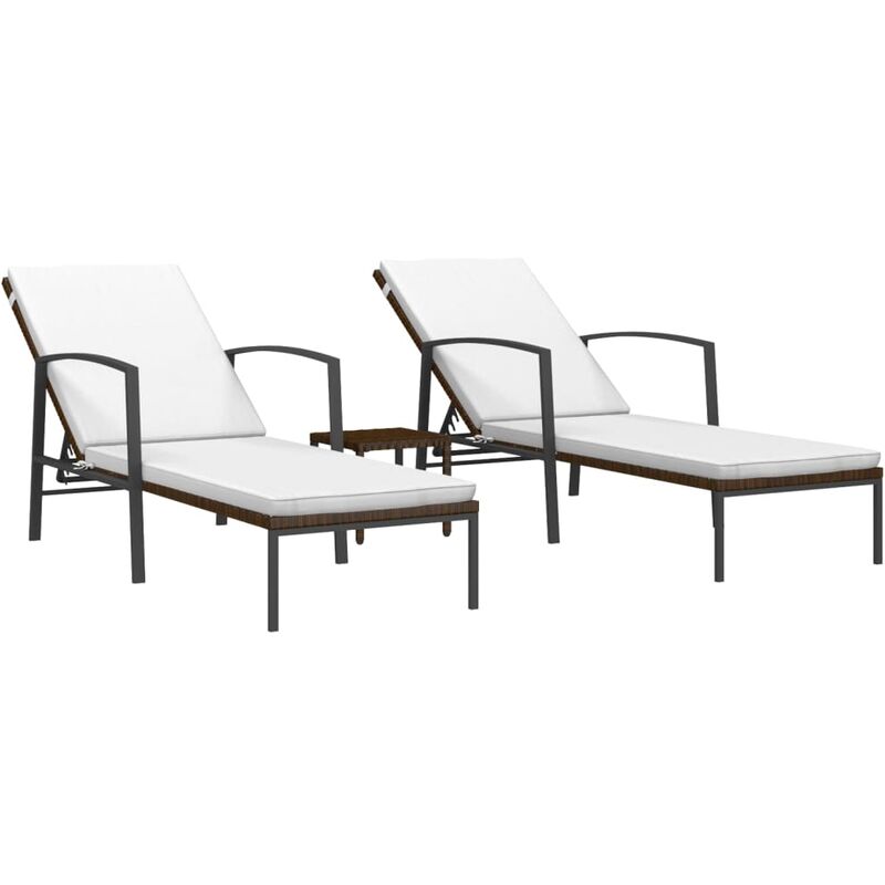 Helloshop26 - Lot de 2 transats chaise longue bain de soleil lit de jardin terrasse meuble d'extérieur avec table résine tressée marron - Marron