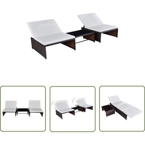Lot de 2 transats chaise longue bain de soleil lit de jardin terrasse meuble d'extérieur avec table résine tressée marron