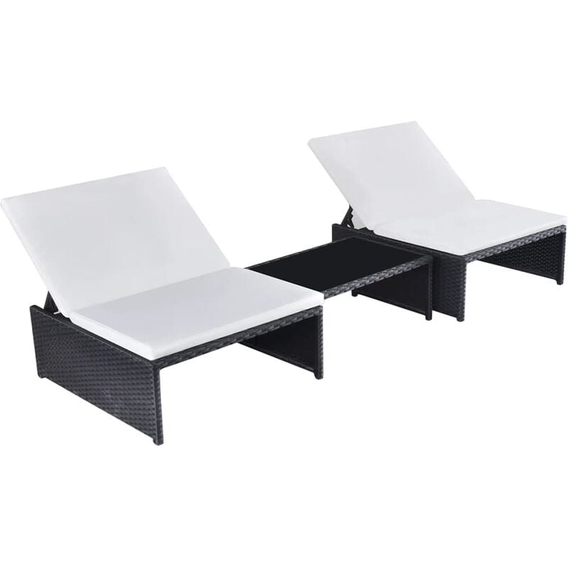 Lot de 2 transats chaise longue bain de soleil lit de jardin terrasse meuble d'extérieur avec table résine tressée noir