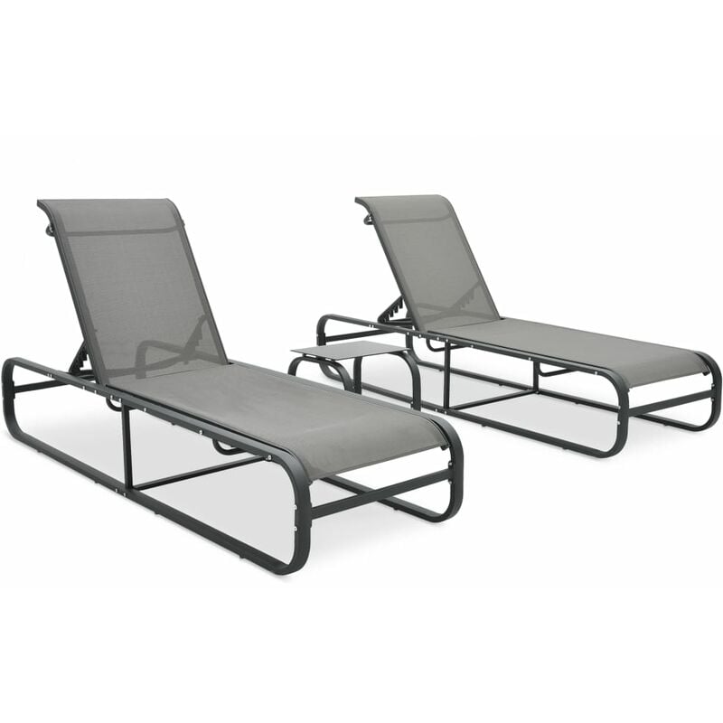 Lot de 2 transats chaise longue bain de soleil lit de jardin terrasse meuble d'extérieur avec table textilène et aluminium gris - Gris