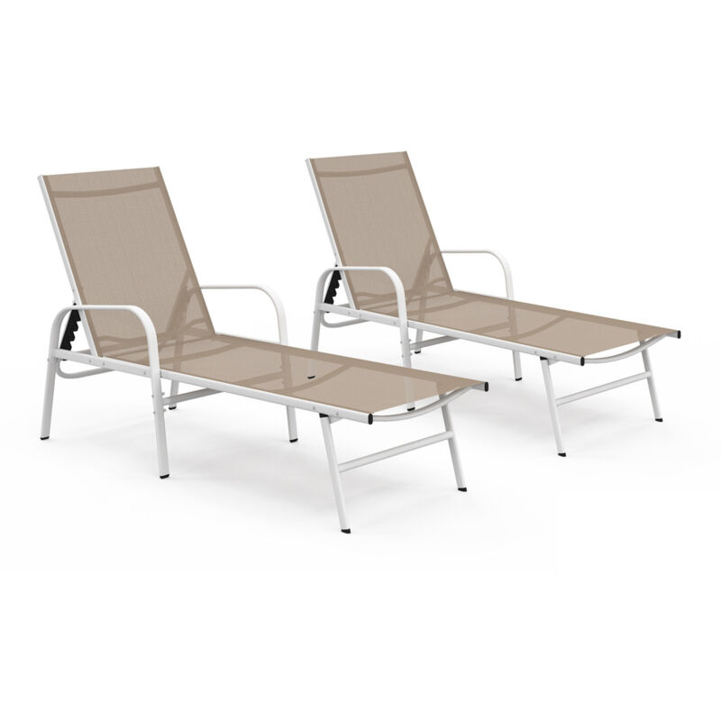 Lot de 2 transats de jardin inclinables FIDJI en acier blanc et toile beige