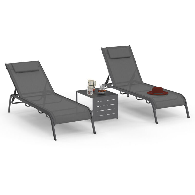 Lot de 2 transats de jardin inclinables BORA avec table d'appoint modulable en acier gris anthracite et toile grise