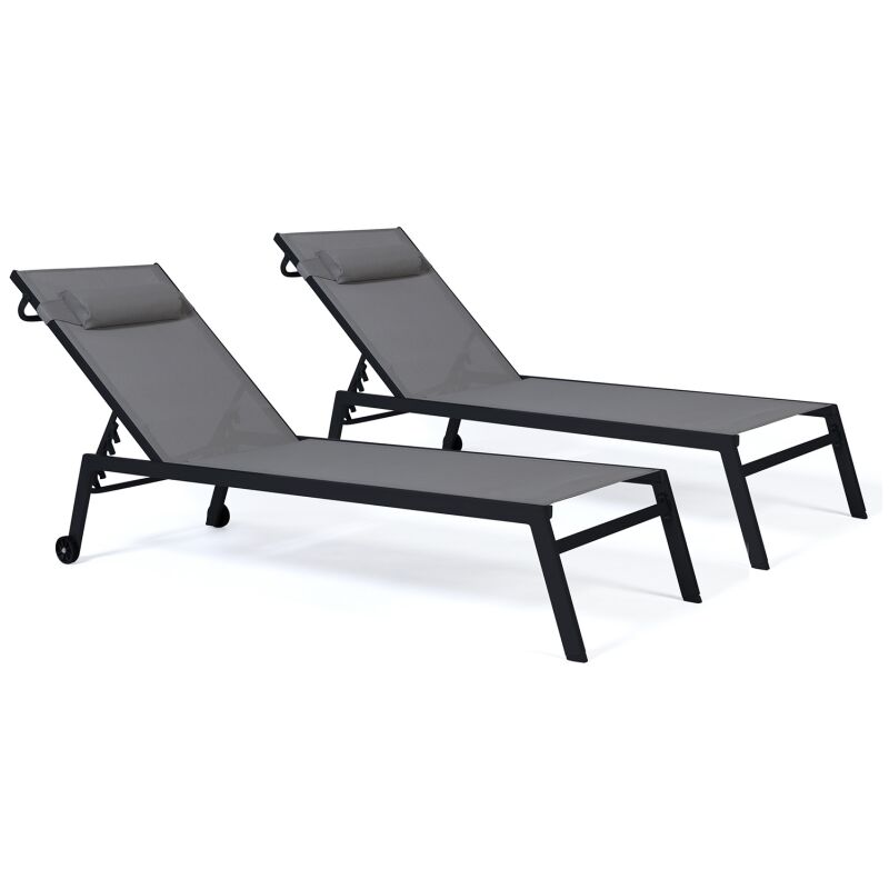 Lot de 2 transats de jardin inclinables en aluminium gris avec coussin et roulettes