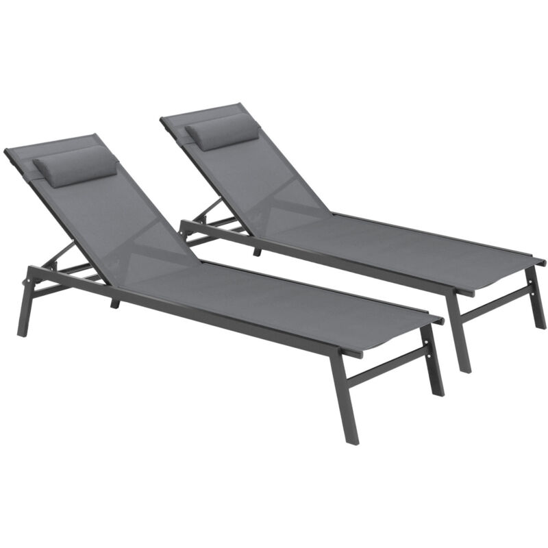 Lot de 2 transats de jardin inclinables en aluminium sintra gris anthracite et noir avec roulettes et coussin