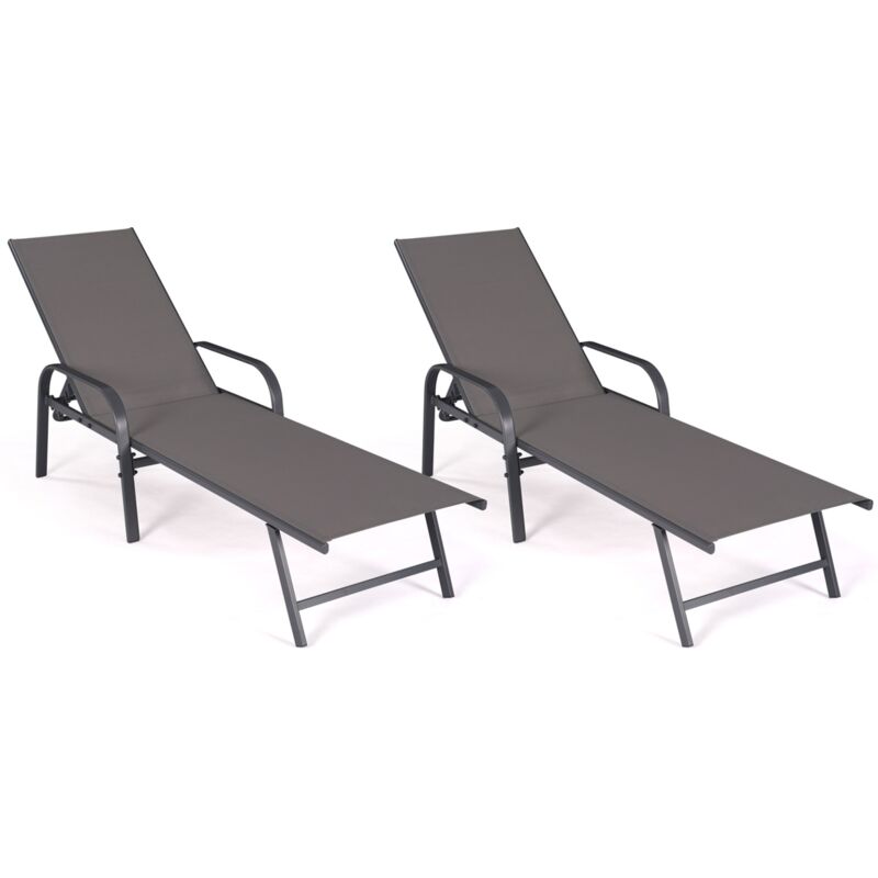 Lot de 2 transats de jardin inclinables fidji en acier gris anthracite et toile grise