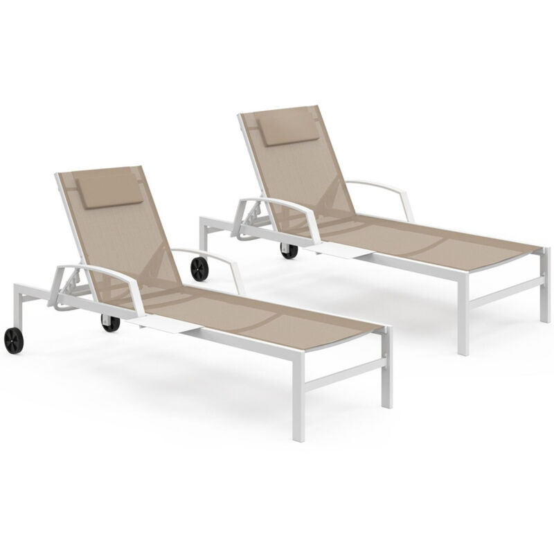 Lot de 2 transats de jardin inclinables JAVA avec tablettes en acier blanc et toile beige Lot de 2 transats de jardin inclinables JAVA avec tablettes en acier blanc et toile beige