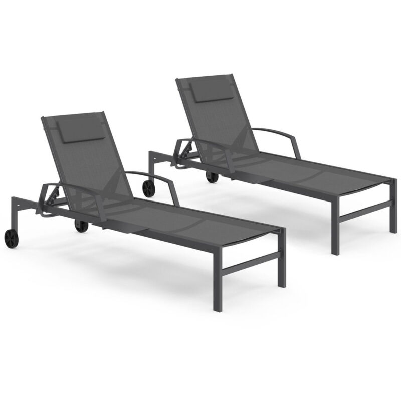Lot de 2 transats de jardin inclinables JAVA avec tablettes en acier gris et toile grise Lot de 2 transats de jardin inclinables JAVA avec tablettes en acier gris et toile grise