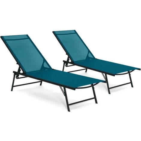 Lot de 2 transats de jardin inclinables KAILUA en acier gris anthracite et toile bleu canard