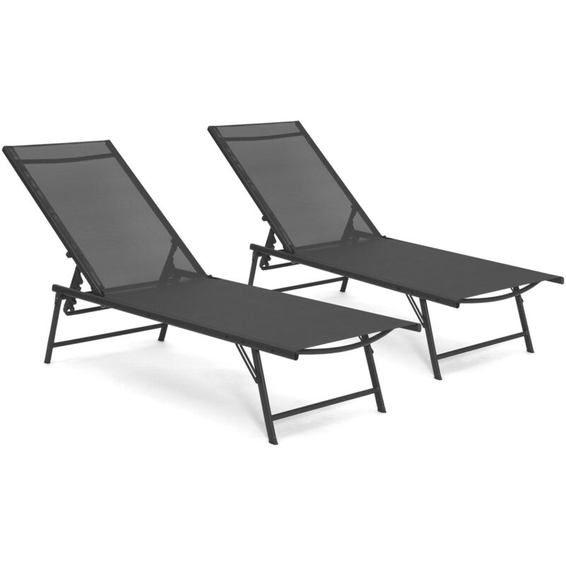 Lot de 2 transats de jardin inclinables KAILUA en acier gris anthracite et toile grise