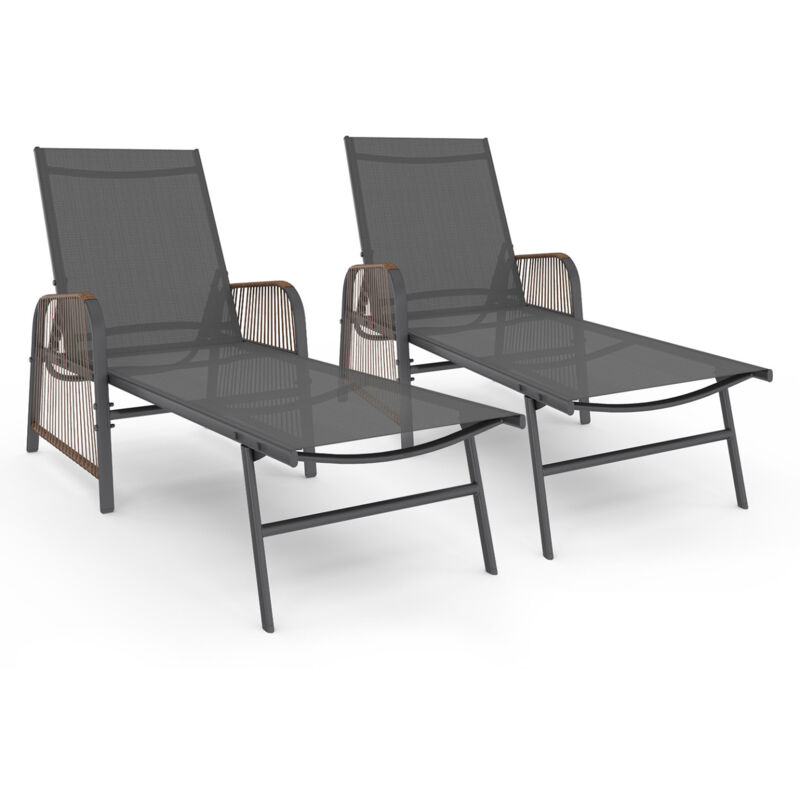 Lot de 2 transats de jardin inclinables rio en acier gris anthracite, cordage effet rotin avec accoudoirs et toile grise