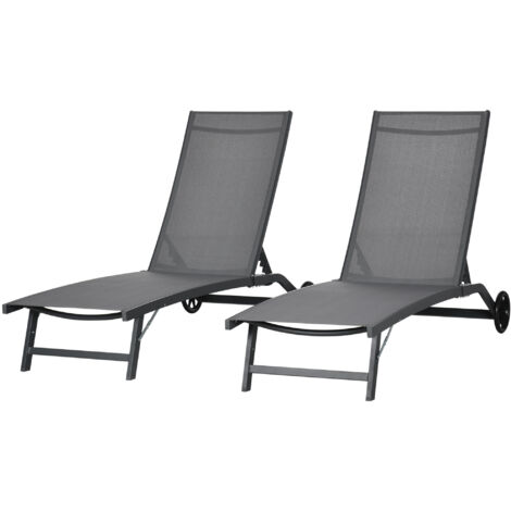 Lot de 2 transats en aluminium et textilène gris foncé, avec roulettes et dossier inclinable, charge max 150 kg