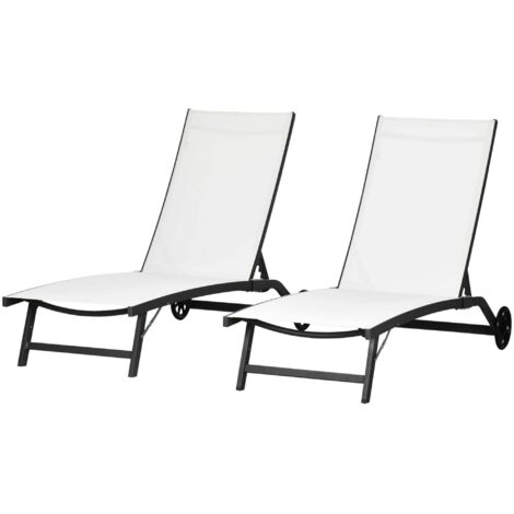 Lot de 2 transats en aluminium et tissu mesh crème avec roulettes dossier réglable charge max 150 kg