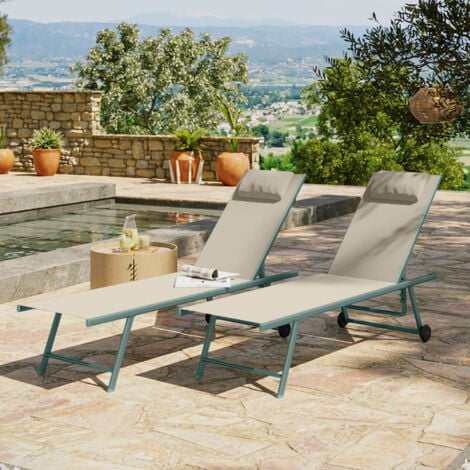 Lot de 2 transats inclinables et empilables - Vert Beige - SUNNY