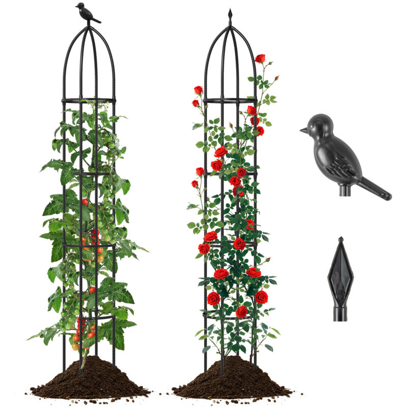 Lot de 2 Treillis Obélisque de Jardin Hauteur Réglable, Support pour Plantes Grimpantes en Métal Antirouille Mangeoire à Oiseaux, 30 x 197 CM