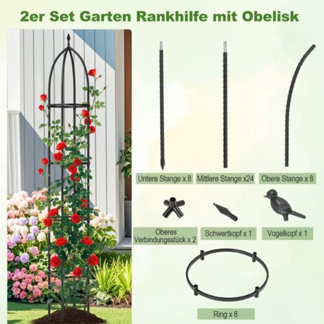 Lot de 2 Treillis Obélisque Métalliques Noir, Hauteur Ajustable 89 à 197 cm, Revêtement PE Antirouille, Support pour Plantes Grimpantes, Tomates, Concombres et Fleurs d’Extérieur