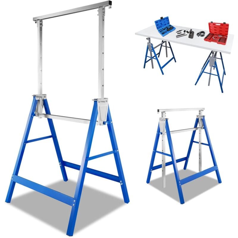 Lot de 2 tréteaux d'échafaudage pliables - Hauteur réglable de 80 à 130 cm - Charge maximale : 200 kg - En métal - Bleu