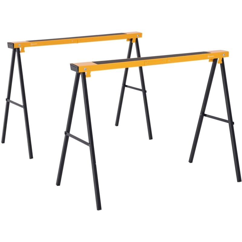 Lot de 2 tréteaux pliables compactes poignée transport dim. 100L x 50l x 76H cm surface antidérapante métal noir jaune - Homcom