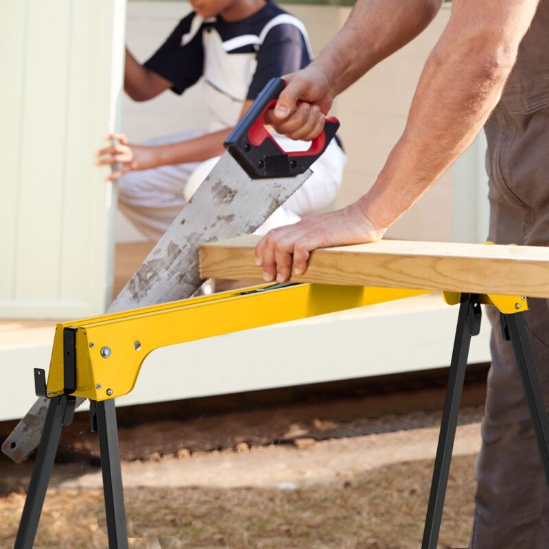 Lot de 2 Tréteaux Pliables Métalliques Charge Max 600 kg Tréteaux Pliants Compacts avec 4 Crochets 92 x 48 x 74 cm CW8195 design in