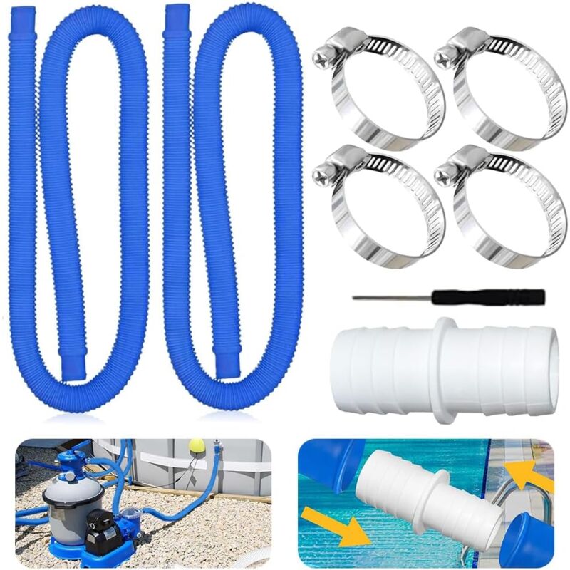 Lot de 2 tuyaux de piscine 32 mm pour pompes de piscine, 32 mm, avec 4 clips de sécurité et 1 raccord de tuyau, tuyau de piscine de 150 cm et 32 mm,