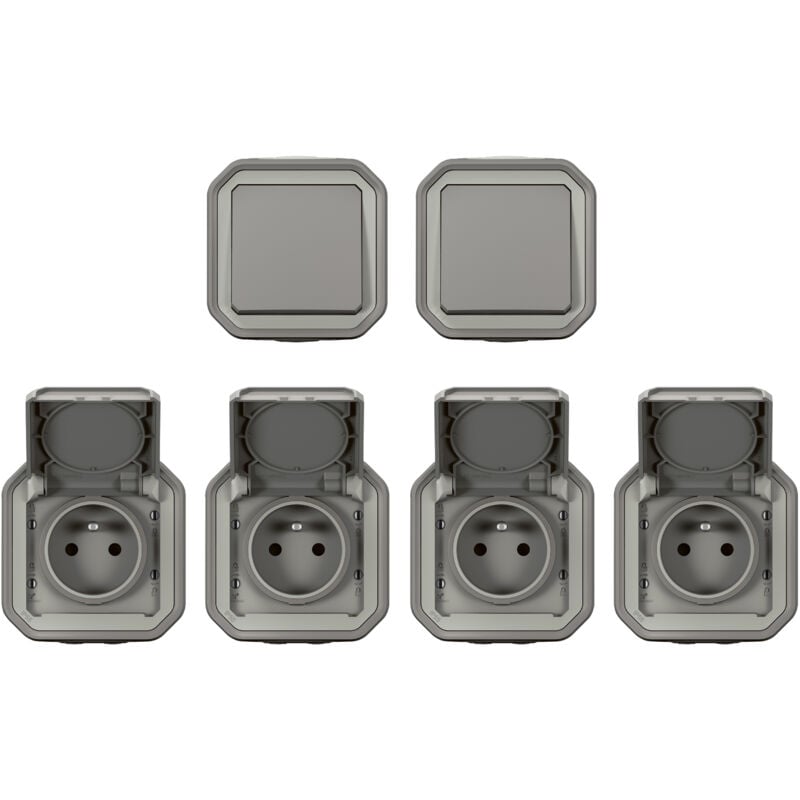 Lot de 2 va-et-vient + 4 prises de courant Plexo complet saillie - gris - Legrand