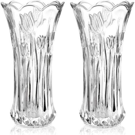Lot de 2 vases à fleurs en verre, grands vases à fleurs de 9,5 pouces pour centres de table, vase rose transparent moderne 25 x 13 cm