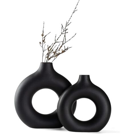 Lot de 2 vases céramique donut noir mat, minimaliste nordique pour pampa (grand+petit)