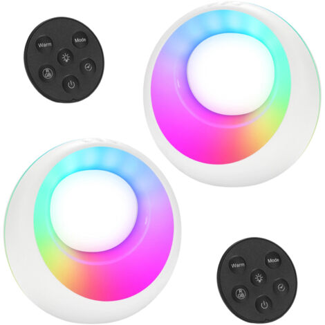 Lot de 2 veilleuses LED, à intensité variable par simple pression et télécommande, sans fil, couleurs RGB changeantes, design rond avec minuterie et fonction mémoire, pour le salon et la chambre.