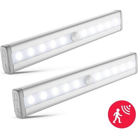 lot de 2 veilleuses LED avec détecteur de mouvement, éclairage armoire placard vitrine, réglette LED, auto-adhésif, alimentation par piles AAA (non fournies), finition aluminium