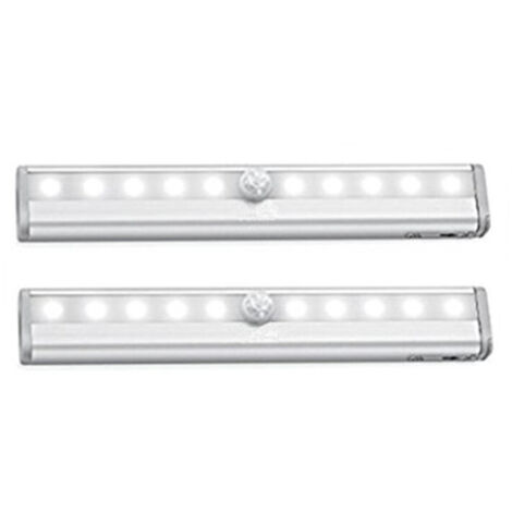 lot de 2 veilleuses LED avec détecteur de mouvement, éclairage armoire placard vitrine, réglette LED, auto-adhésif, alimentation par piles AAA (non fournies), finition aluminium
