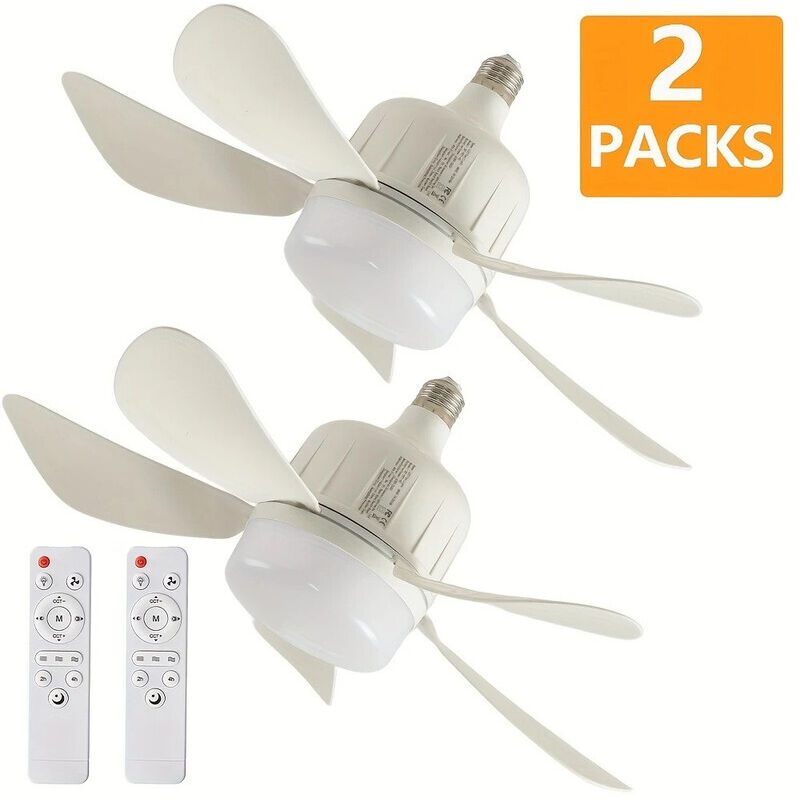 Lot de 2 ventilateurs de plafond modernes, 3 vitesses, intensité variable, 5 pales, culot E27/E26, douille blanche de 45 cm, télécommande, éclairage