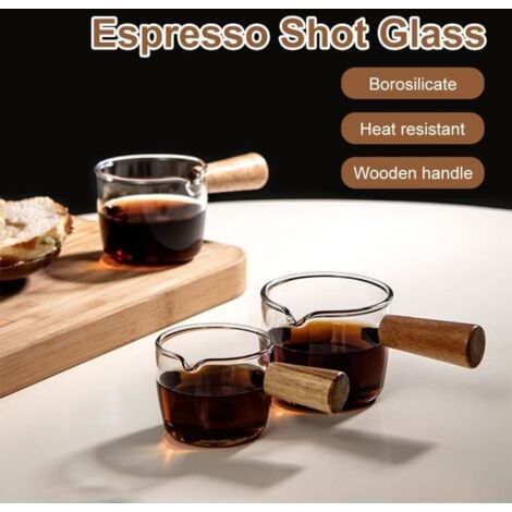 Lot de 2 Verre doseur à unique bec en borosilicate de 50ml et 80ml avec poignée en bois pour thé, café, lait, alcool