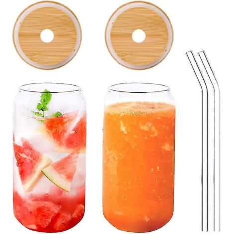 Lot de 2 verres avec couvercles en bambou et paille en verre, gobelet Boba réutilisable de 550 ml/400 ml.