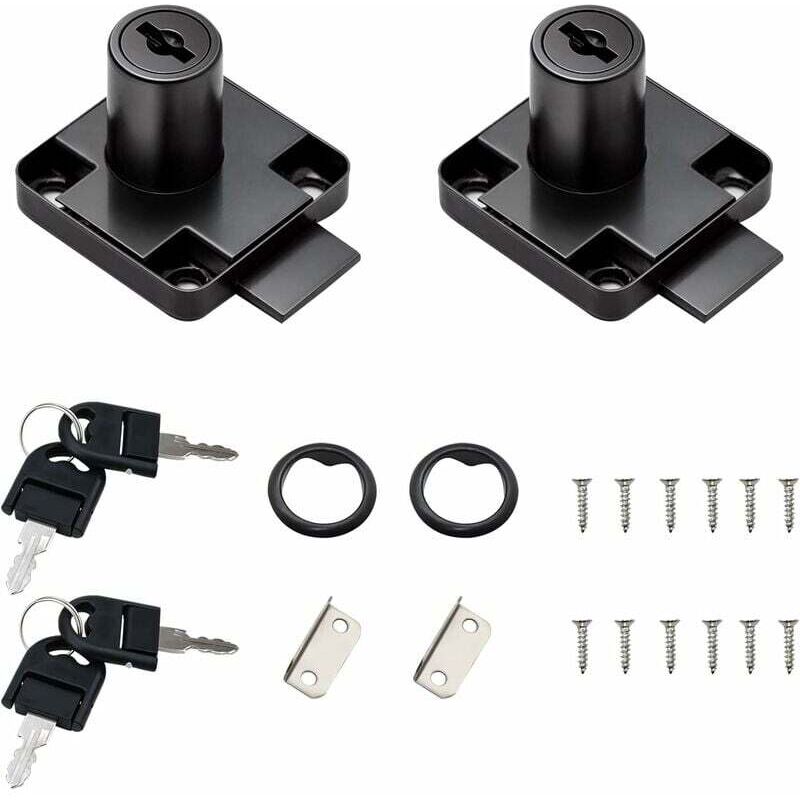 Lot de 2 verrous de tiroir de bureau noir avec 4 clés universelles, vis à base carrée, serrure de sécurité fixe pour meubles, porte de meubles, boîte