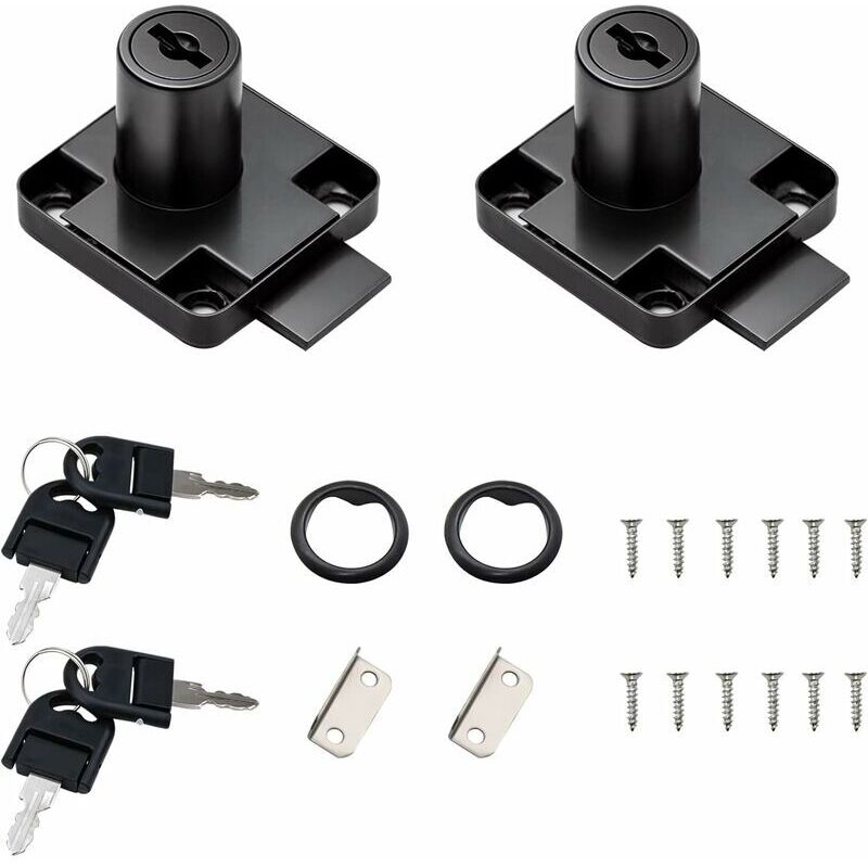 Lot de 2 verrous de tiroir de bureau noir avec 4 clés universelles, vis à base carrée, serrure de sécurité fixe pour meubles, porte de meubles, boîte