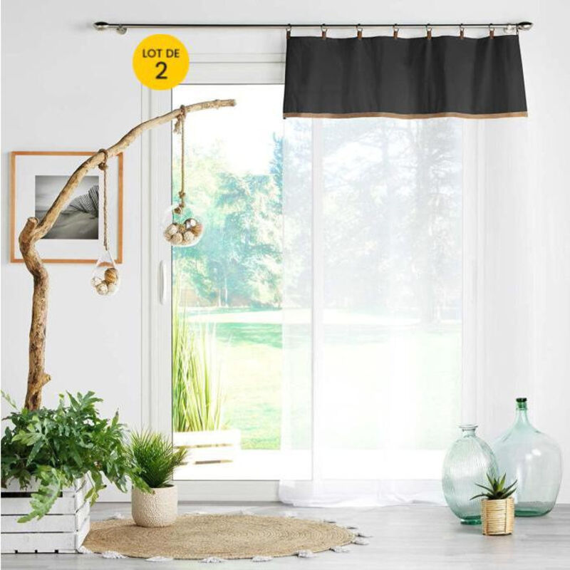 Cdaffaires - Lot de 2 Voilages à anneau 140 x 240 cm en polycoton sablé + jute Leana Noir