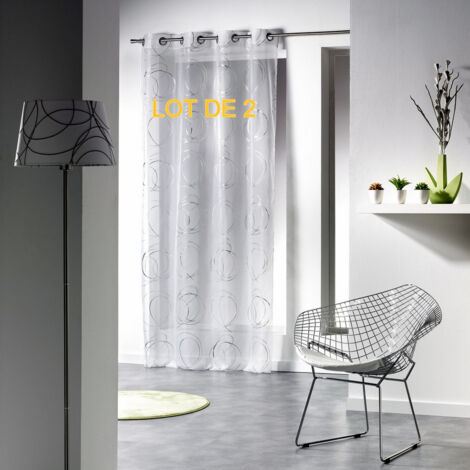 Lot de 2 voilages a oeillets 140 x 240 cm voile imprime argent bully Blanc
