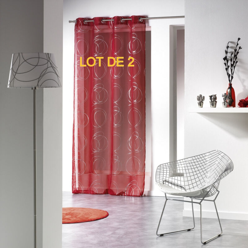Lot de 2 voilages a oeillets 140 x 240 cm voile imprime argent bully Rouge