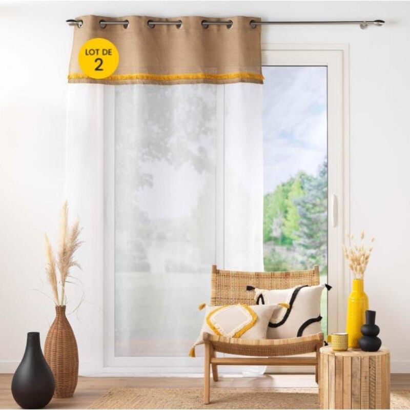 Lot de 2 Voilages a oeillets 140 x 240 cm voile sablé + jute Malory Jaune