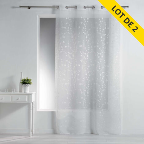 Lot de 2 voilages a oeillets 140x240 voile sable brode petite fleur Blanc/Blanc
