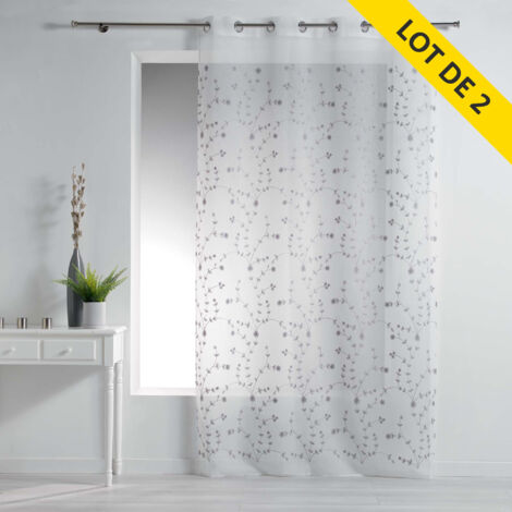 Lot de 2 voilages a oeillets 140x240 voile sable brode petite fleur Blanc/Gris