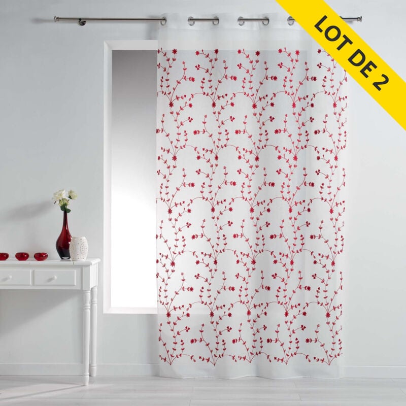 Lot de 2 voilages a oeillets 140x240 voile sable brode petite fleur Blanc/Rouge