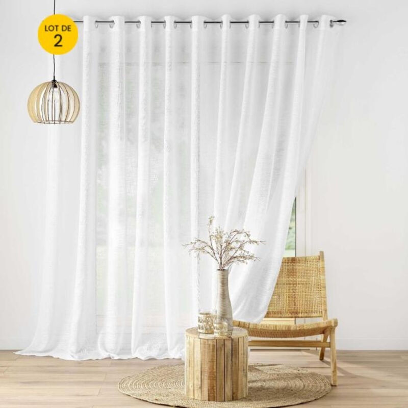 Lot de 2 voilages baie vitrée 400 x 240 cm - Effet lin tissé Haltona Blanc