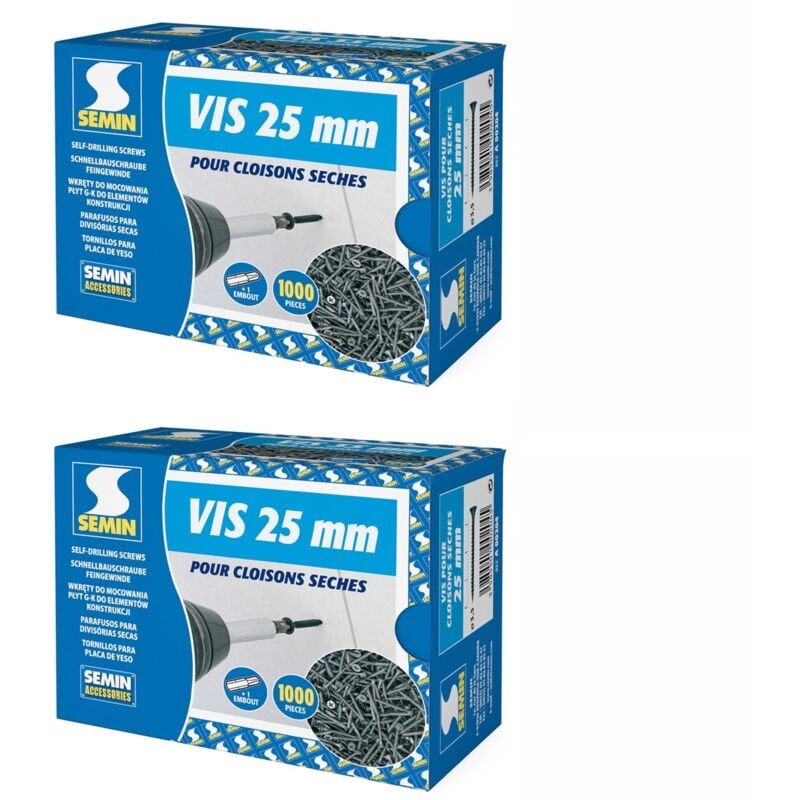 Lot de 2 x 1000 vis auto perceuse Semin pour la fixation des plaques de pâtre sur l'ossature - intérieur - 25 mm
