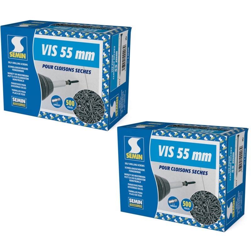 Lot de 2 x 500 vis auto perceuse Semin pour la fixation des plaques de pâtre sur l'ossature - intérieur - 55 mm