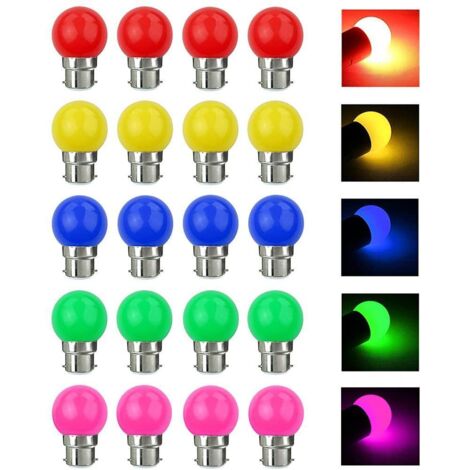 Lot de 20 Ampoule LED Couleur B22 Baïonnette,Ampoule Guirlande Exterieure,Ampoules B22 LED 3W G45,Multi Colore,Équivalent 5W,Rouge Jaune Bleu Vert Violet,Pour Chaîne,Noël,Veilleuses De Fête