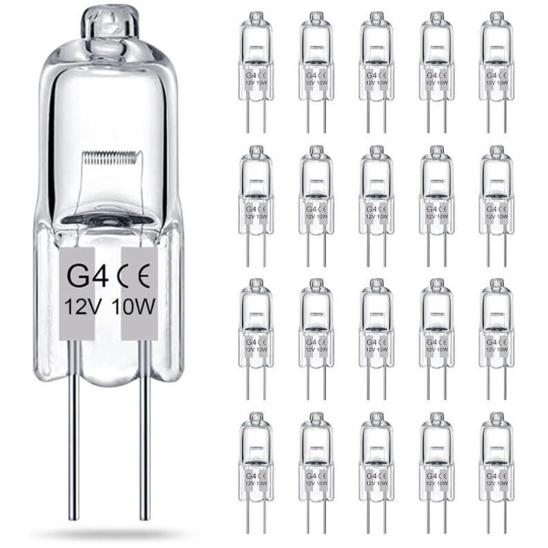 Lot de 20 ampoules halogènes transparentes G4, 12V 10W, culot à deux broches, pour lustres et éclairage d'armoire