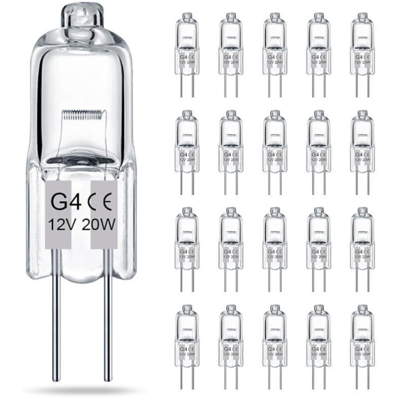Lot de 20 ampoules halogènes transparentes G4, 12V 20W, culot à deux broches, pour lustres et éclairage d'armoire