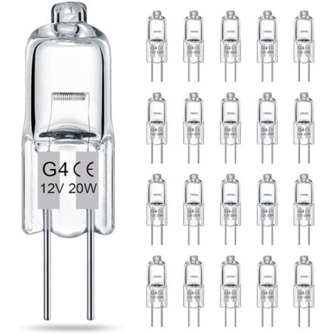 Lot de 20 ampoules halogènes transparentes G4, 12V 20W, culot à deux broches, pour lustres et éclairage d'armoire