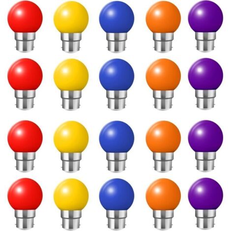 Lot de 20 ampoules LED B22 2W, ampoule écoénergétique colorée Couleur, Rouge, Jaune, Bleu, Vert, Violet [Classe énergétique B]